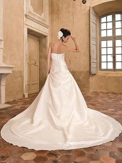 Princess A-Line Wedding Dresses Strapless Chapel Train Satin Sleeveless