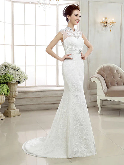 Wedding Dresses High Neck Lace Cap Sleeve Sexy Illusion Detail Backless with Beading Appliques