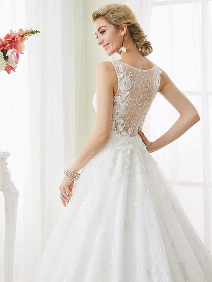 Ball Gown Wedding Dresses Bateau Neck Court Train Beaded Lace Regular Straps See-Through Beautiful Back with Beading Appliques