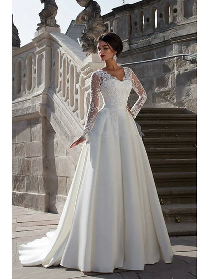 A-Line Wedding Dresses Strapless Court Train Lace Satin Long Sleeve Formal with Appliques