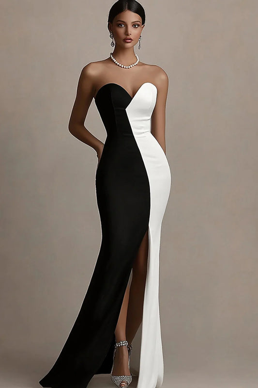 Iconic Black and White Split-Bodice Strapless Sweetheart High Slit Mermaid Evening Dress