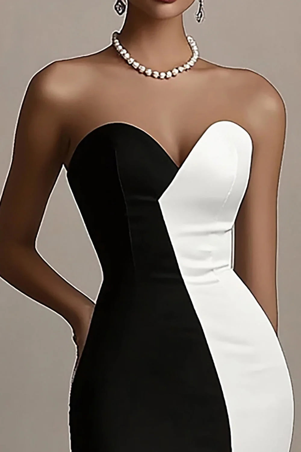 Iconic Black and White Split-Bodice Strapless Sweetheart High Slit Mermaid Evening Dress