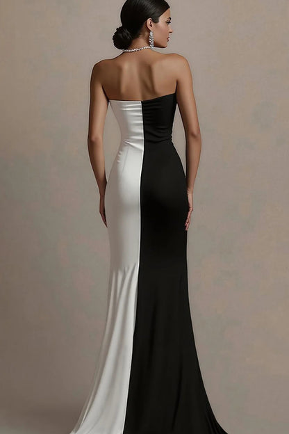 Iconic Black and White Split-Bodice Strapless Sweetheart High Slit Mermaid Evening Dress