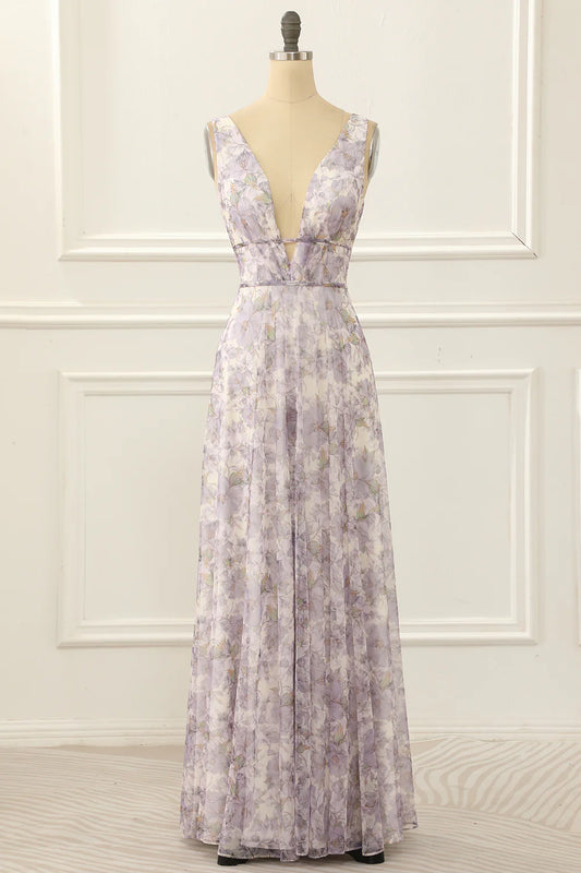 Purple Print A Line Plunge V Sleeveless Appropriate color matching Simple Prom Dress