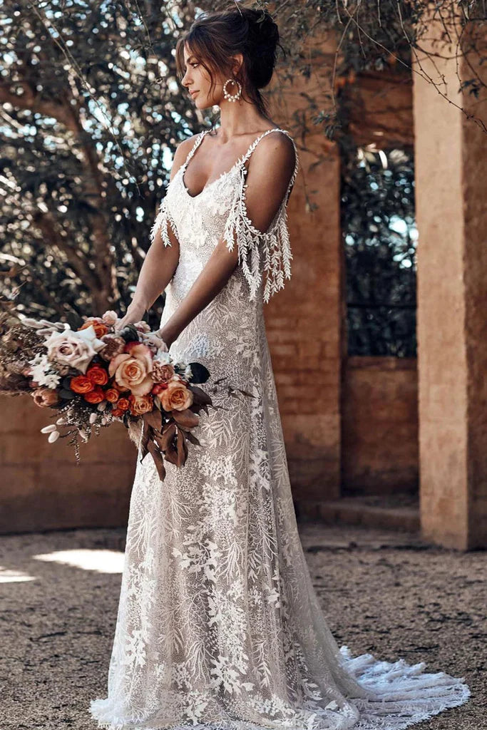 Bohemian Scoop Neckline Backless Beach Wedding Dress