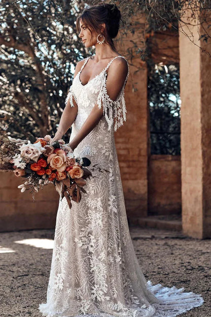 Bohemian Scoop Neckline Backless Beach Wedding Dress