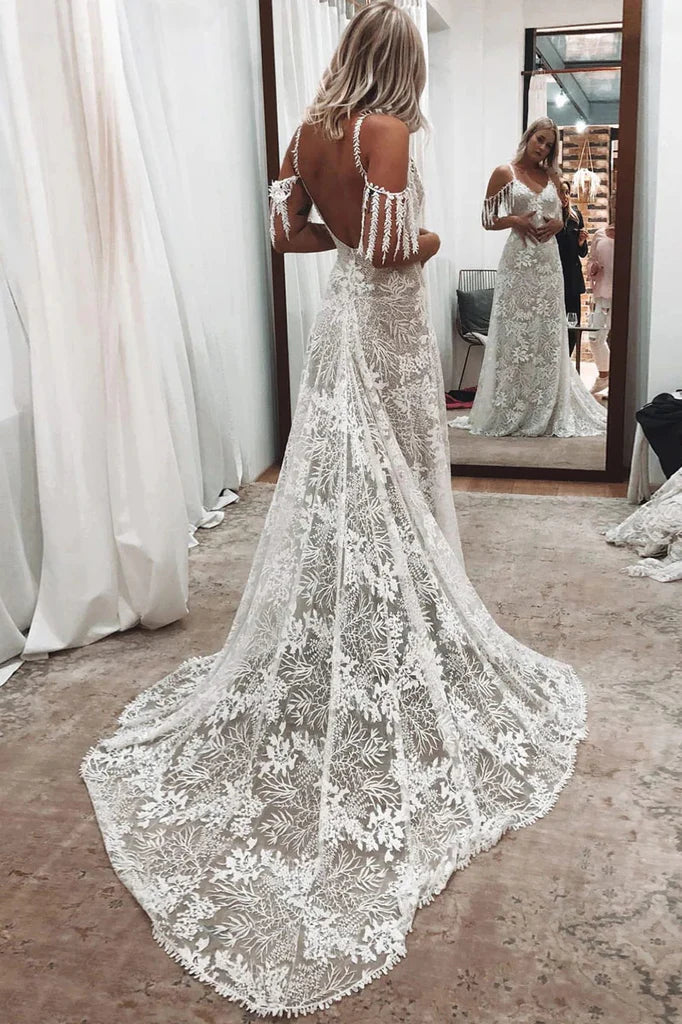 Bohemian Scoop Neckline Backless Beach Wedding Dress
