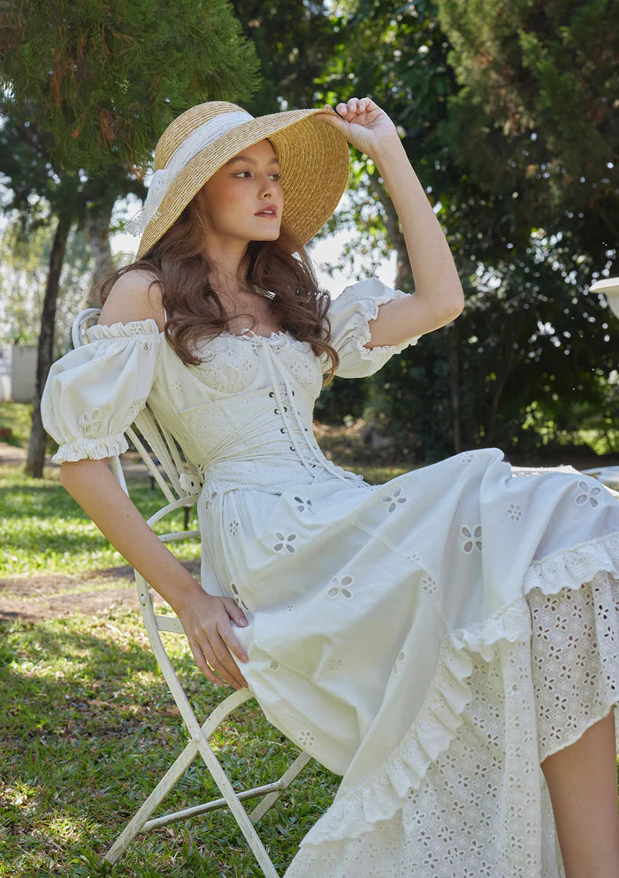 Ivory Cotton Eyelet Embroidery Maxi Dresses with Square Neck Off Shoulder Puff Sleeves Corset Bodice Tie Back and Asymmetric Lace Hem