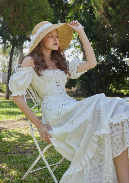 Ivory Cotton Eyelet Embroidery Maxi Dresses with Square Neck Off Shoulder Puff Sleeves Corset Bodice Tie Back and Asymmetric Lace Hem