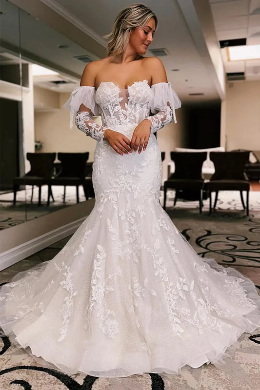 Floral Trumpet Wedding Dress with Detachable Sleeves