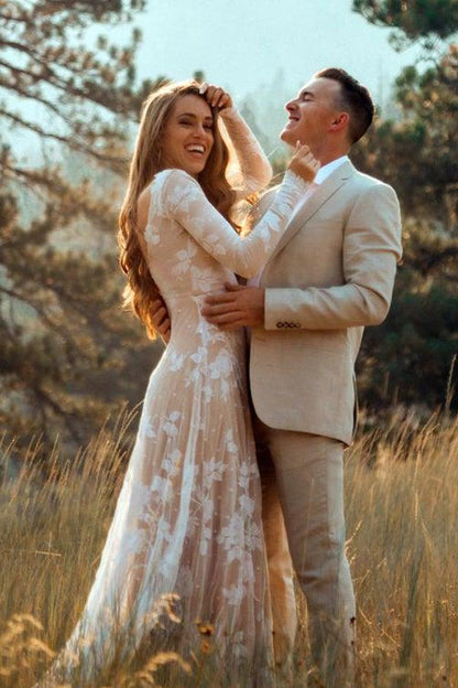 Long Sleeve Rustic Wedding Dresses Backless Sheath Beach Wedding Dress