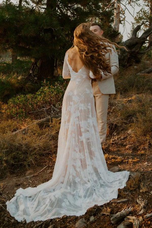 Long Sleeve Rustic Wedding Dresses Backless Sheath Beach Wedding Dress