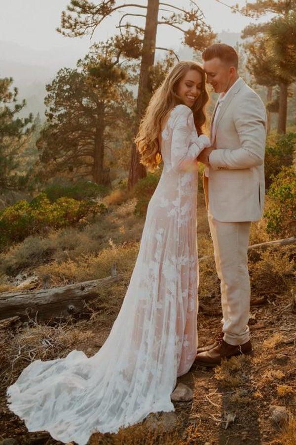 Long Sleeve Rustic Wedding Dresses Backless Sheath Beach Wedding Dress
