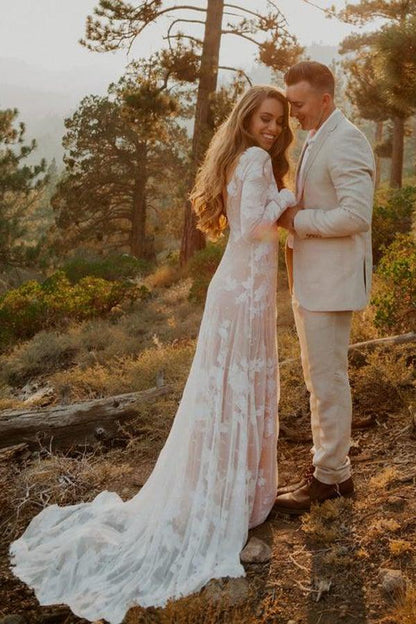 Long Sleeve Rustic Wedding Dresses Backless Sheath Beach Wedding Dress