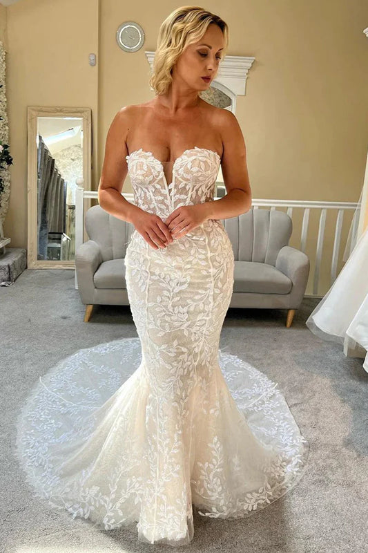 Lace Strapless Mermaid Wedding Dress Lace Bridal Gown