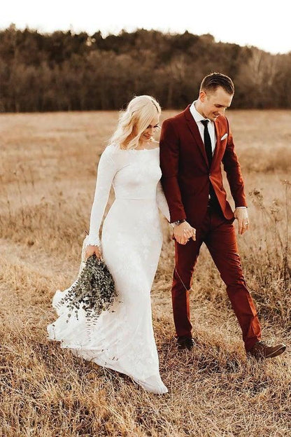 Long Sleeve Rustic Wedding Dresses Backless Sheath Beach Wedding Dress