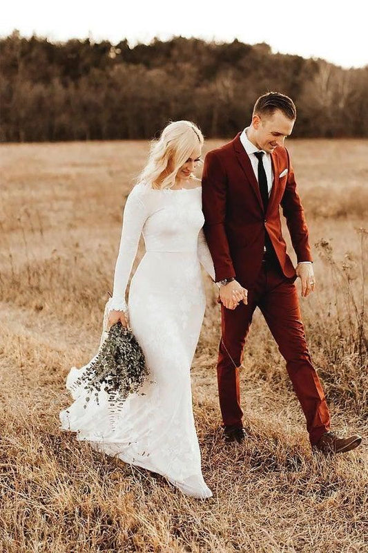 Long Sleeve Rustic Wedding Dresses Backless Sheath Beach Wedding Dress