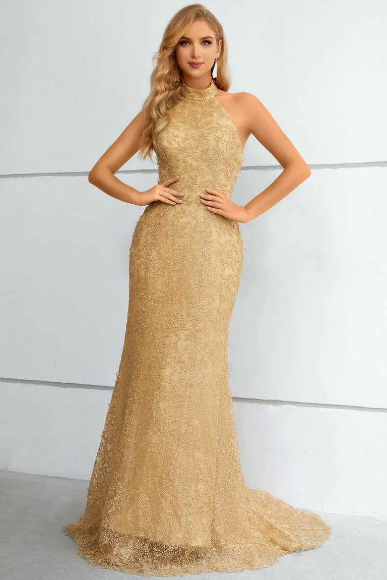 Lace Halter Backless Mermaid Long Formal Dress