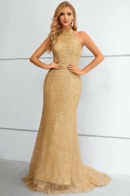Lace Halter Backless Mermaid Long Formal Dress