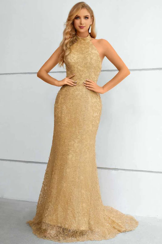 Lace Halter Backless Mermaid Long Formal Dress