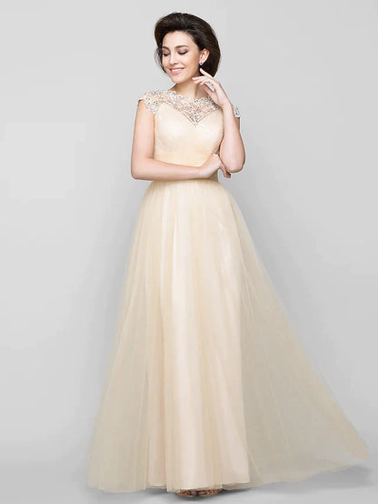 A-Line Mother of the Bride Dress See Through Jewel Neck Floor Length Tulle Sleeveless with Criss Cross Beading