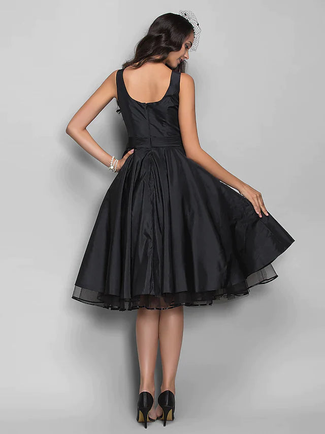 Ball Gown Cocktail Party Prom Dress V Neck Sleeveless Knee Length Taffeta with Pleats Crystals