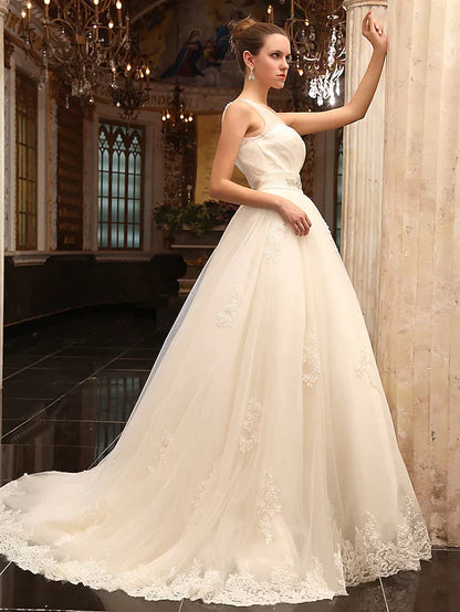 Princess A-Line Wedding Dresses One Shoulder Court Train Satin Tulle Sleeveless