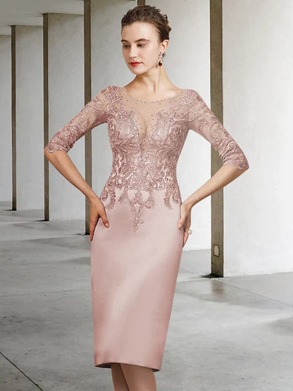 Mother of the Bride Dress Elegant Jewel Neck Knee Length Lace Satin Length Sleeve with Appliques