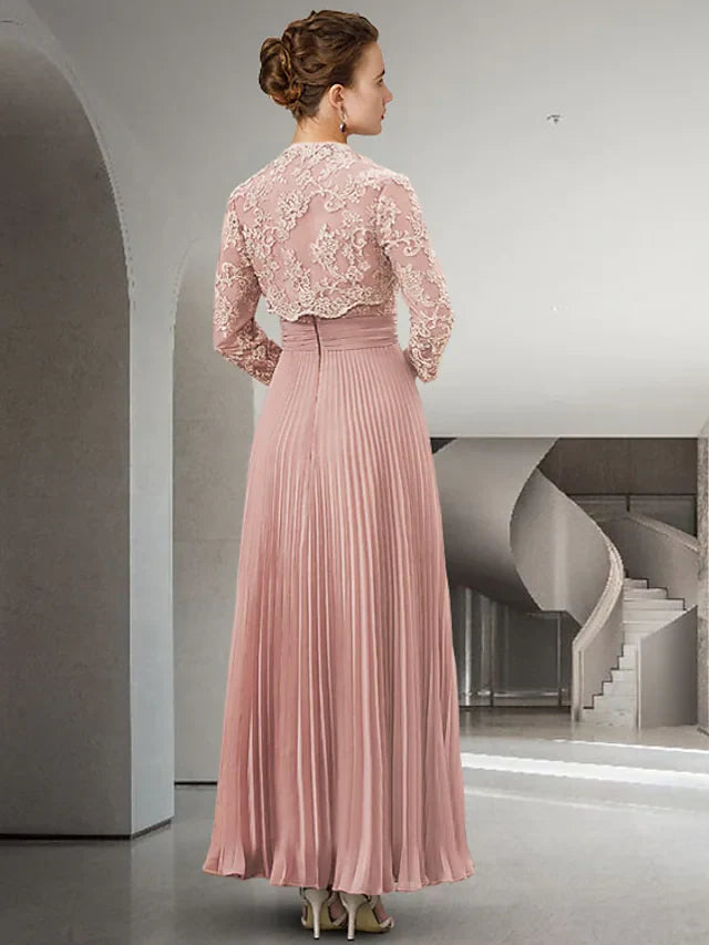 Two Piece Mother of the Bride Dress Elegant Sweetheart Neckline Floor Length Chiffon Lace Long Sleeve with Pleats AppliquesTwo Piece A-Line Mother of the Bride Dress Elegant Sweetheart Neckline Floor Length Chiffon Lace Long Sleeve with Pleats Appliques