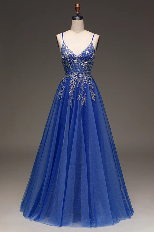 A-Line Spaghetti Straps V Neck Sequins Royal Blue Prom Dress with Appliques