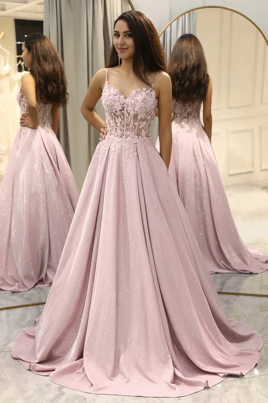 A Line V Neck Glitter Spaghetti Straps Blush Prom Dress with Beading