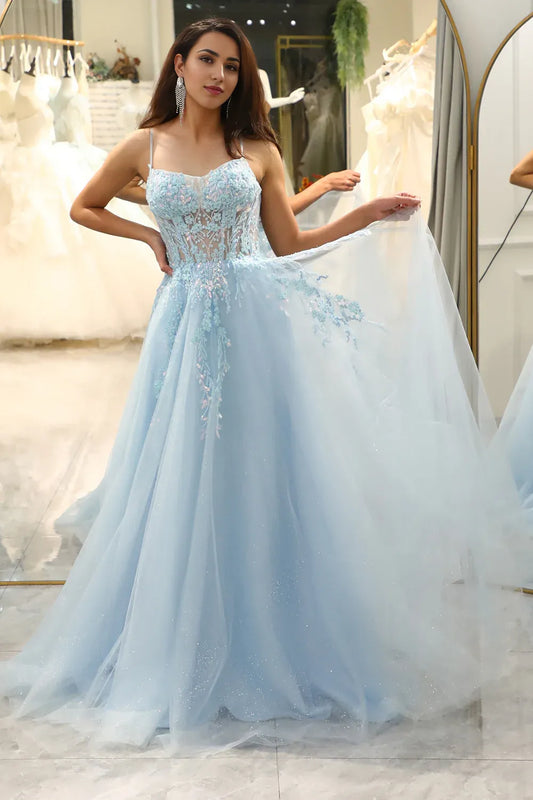 A Line V Neck Light Blue Sequin Spaghetti Straps Prom Dress With Appliques