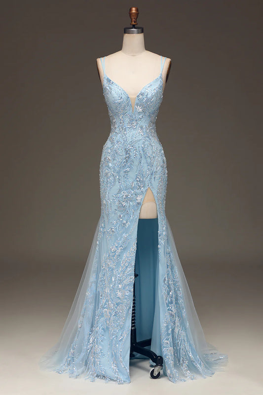 Sheath Mermaid Spaghetti Straps V Neck Beaded Prom Dress with Slit