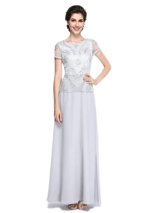 Mother of the Bride Dress Jewel Neck Floor Length Chiffon Short Sleeve with Beading Sequin