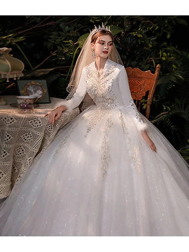 Princess Ball Gown Wedding Dresses V Neck Floor Length Lace Tulle Long Sleeve Romantic Sparkle & Shine with Appliques