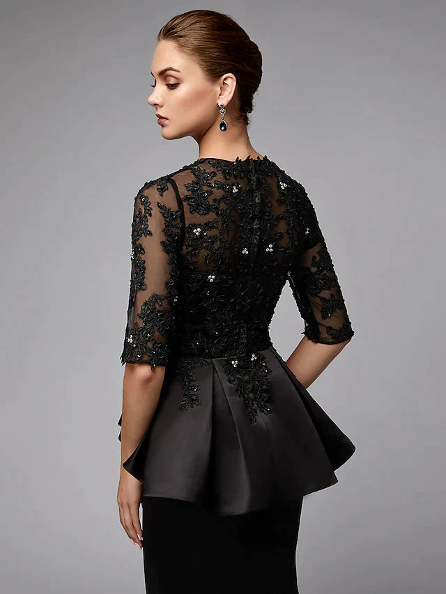 Mother of the Bride Dress Sexy See Through Jewel Neck Lace Satin Half Sleeve with Beading Appliques