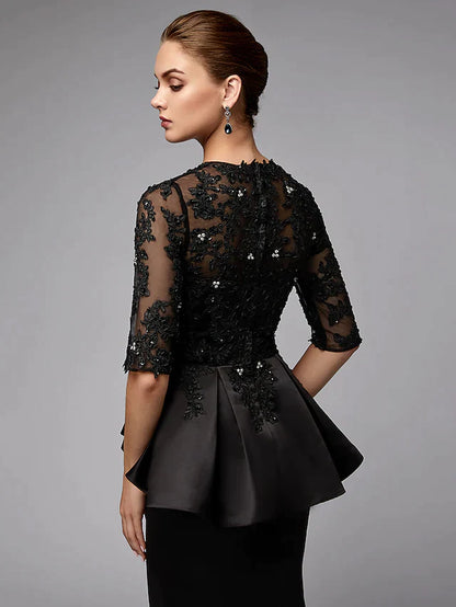 Mother of the Bride Dress Sexy See Through Jewel Neck Lace Satin Half Sleeve with Beading Appliques