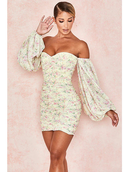 Sexy Floral Party Wear Cocktail Party Dress Off Shoulder Long Sleeve Short Mini Spandex with Ruched Pattern Print