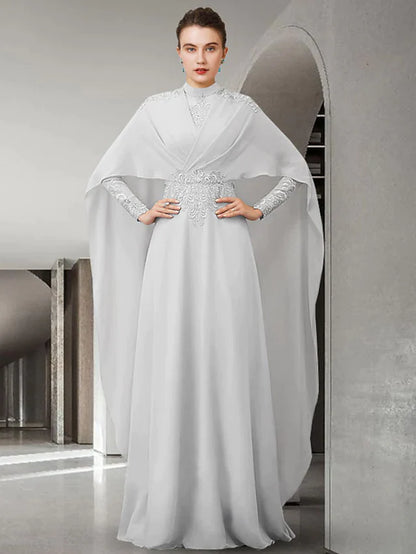 A-Line Mother of the Bride Dress Elegant High Neck Chiffon Lace Long Sleeve with Pleats Appliques