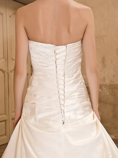 Princess A-Line Wedding Dresses Strapless Chapel Train Satin Sleeveless