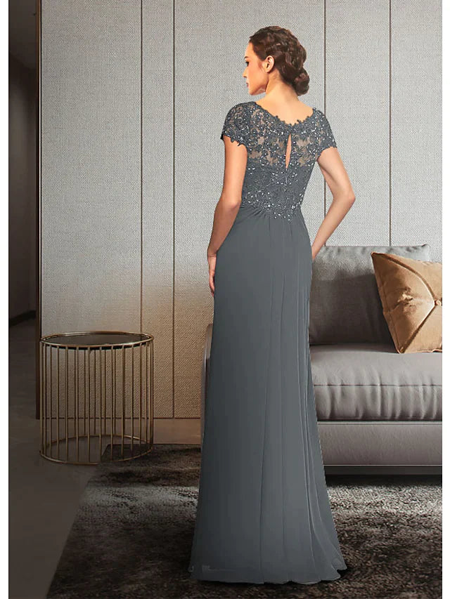 Mother of the Bride Dress Elegant V Neck Floor Length Chiffon Lace Short Sleeve with Sequin Appliques Ruching