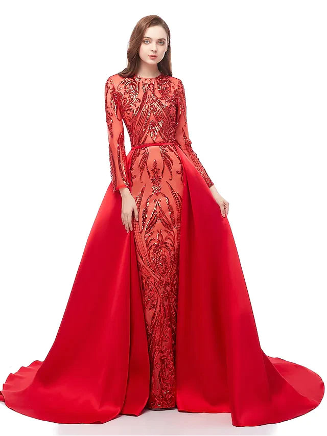 Ball Gown Luxurious Sparkle Prom Formal Evening Dress Jewel Neck Long Sleeve Detachable Sequined with Overskirt Pattern Print Appliques