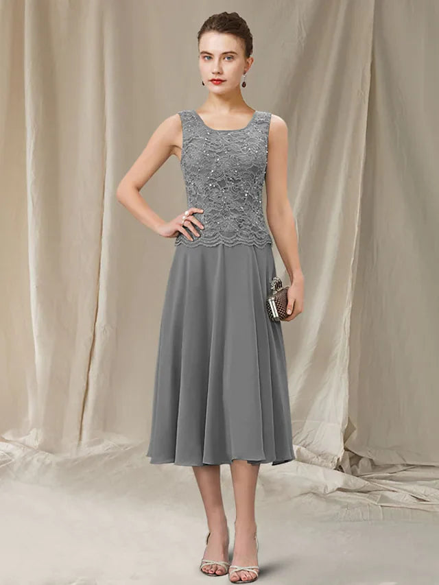 Two Piece A-Line Mother of the Bride Dress Elegant Jewel Neck Tea Length Chiffon Lace Sleeveless with Sequin