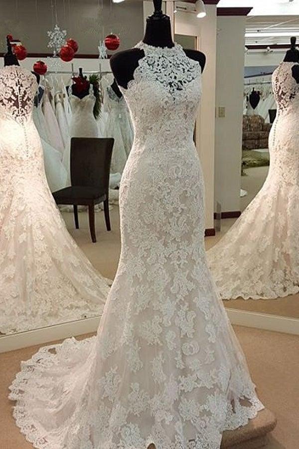 Jewel Neck Mermaid Lace Applique Sleeveless Wedding Dresses