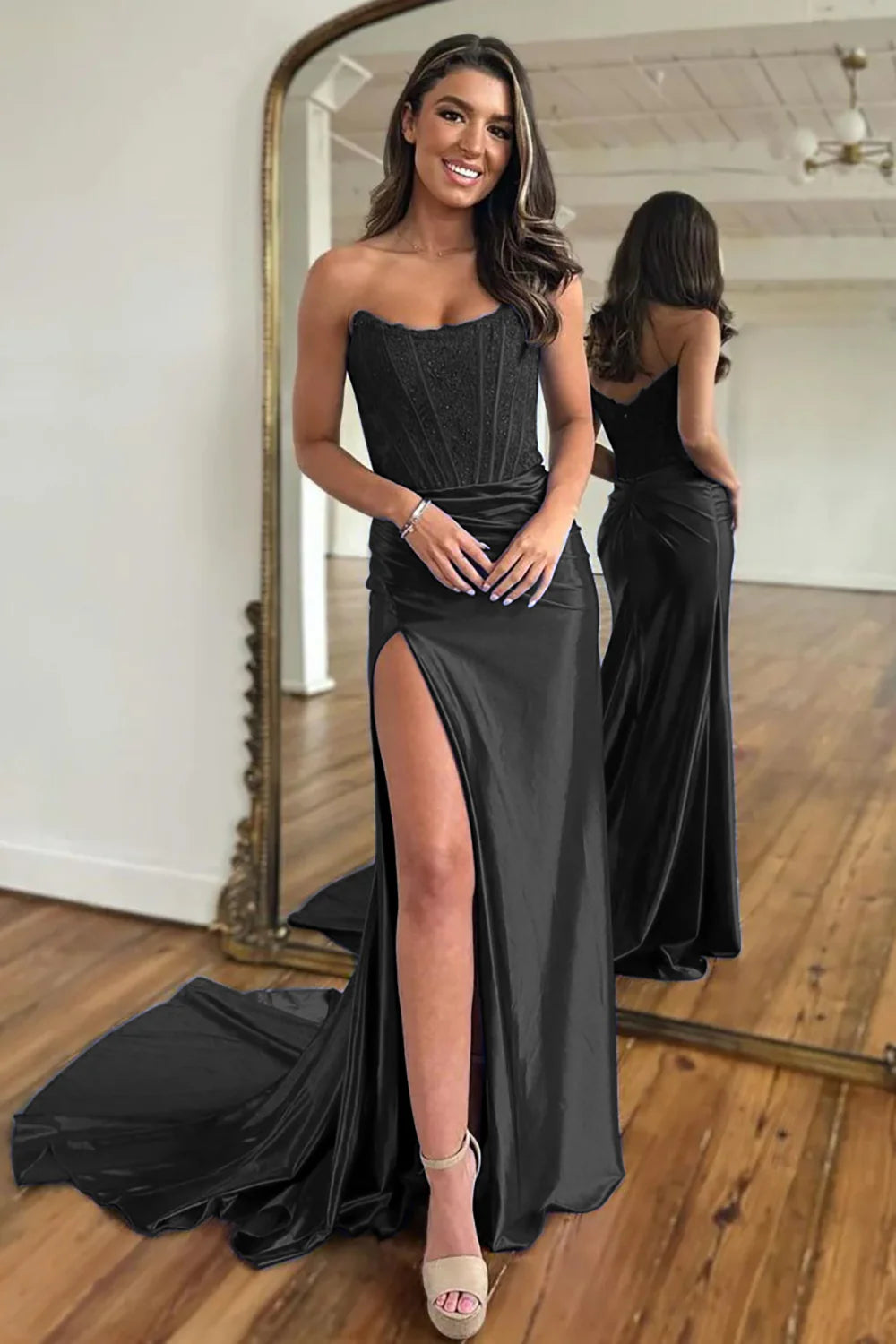 Sexy Black Strapless Off-the-Shoulder Split Fork Mopping The Floor Long Prom Dress With Split