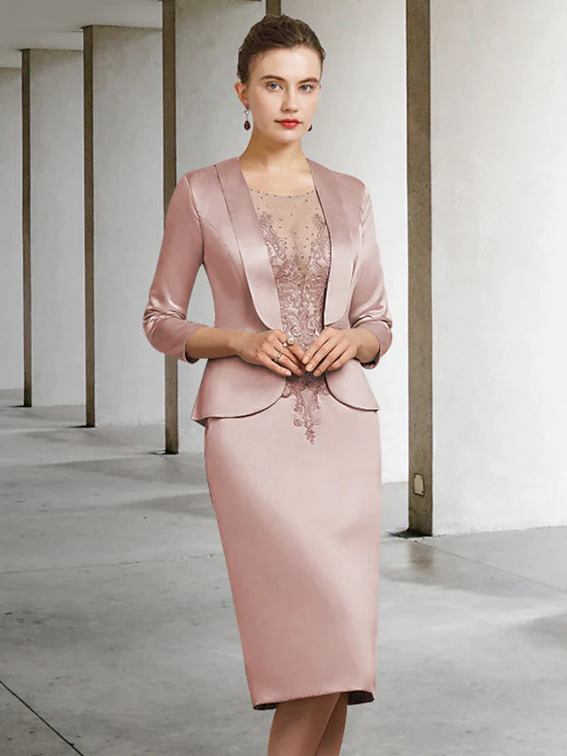 Mother of the Bride Dress Elegant Jewel Neck Knee Length Lace Satin Length Sleeve with Appliques