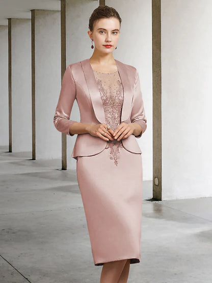 Mother of the Bride Dress Elegant Jewel Neck Knee Length Lace Satin Length Sleeve with Appliques