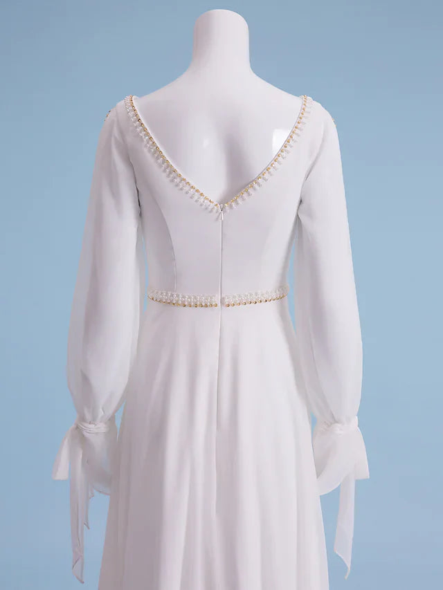 Wedding Dresses V Neck Court Train Chiffon Long Sleeve with Beading