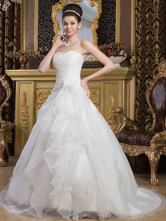 A-Line Wedding Dresses Sweetheart Neckline Court Train Organza Satin Strapless with Ruched Cascading Ruffles