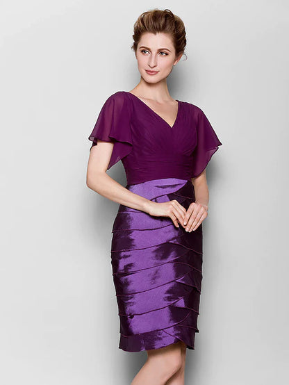 Mother of the Bride Dress V Neck Knee Length Chiffon Taffeta Short Sleeve with Criss Cross